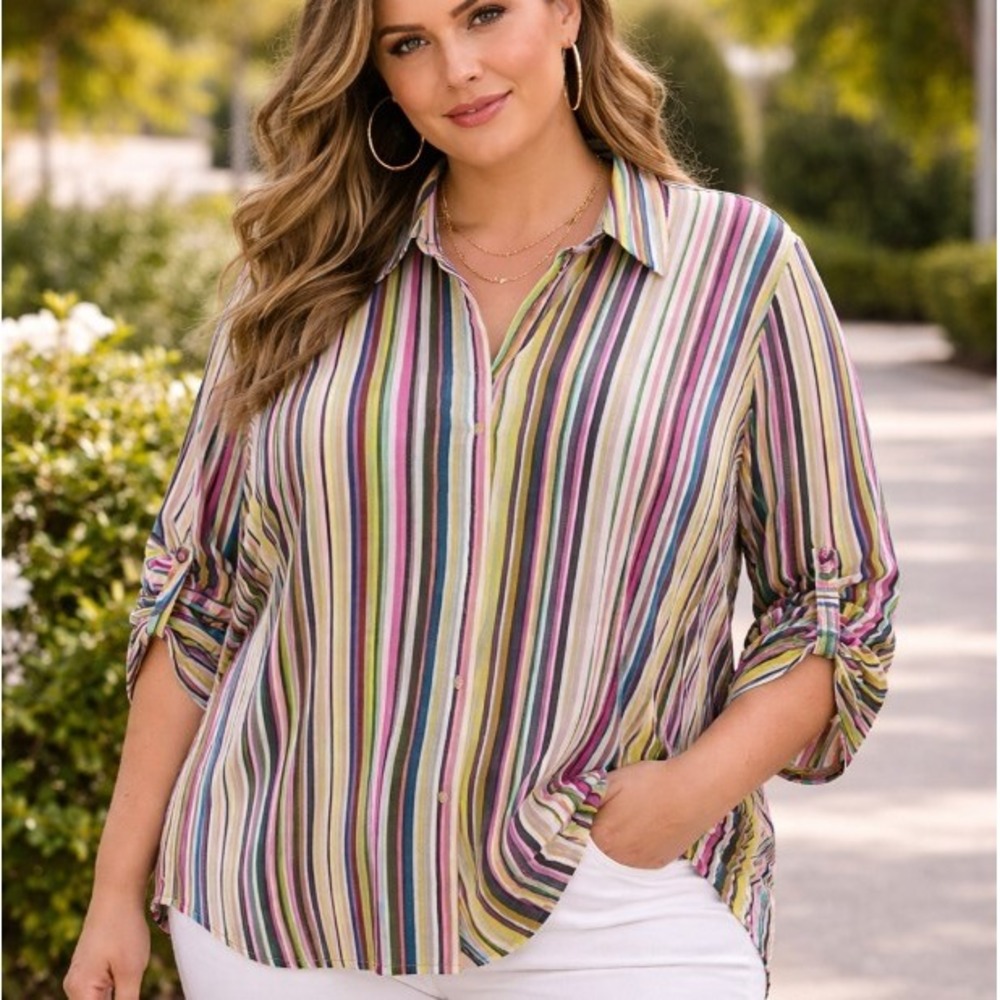Melissa Paige Blouse Womens 3X Multicolor Striped Roll Tab Handkerchief Hem Top‎